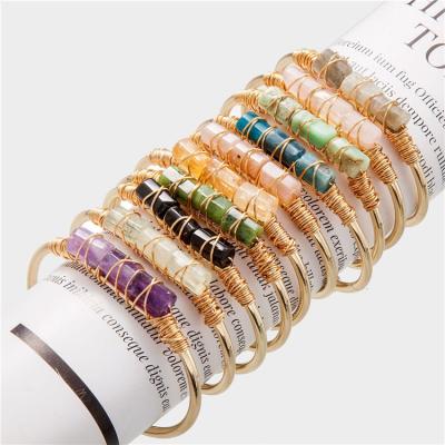 China Hot Sale Vintage Gold Plated Colorful Natural Stone Crystal Beaded Wrap Adjustable Bangle Bracelet For Women for sale