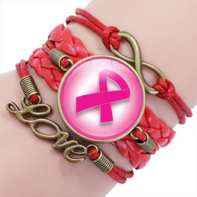 China CLASSIC New Arrival Friendship Elastic Breast Cancer Leather Jewelry Charm Awareness Bracelet Rope for sale