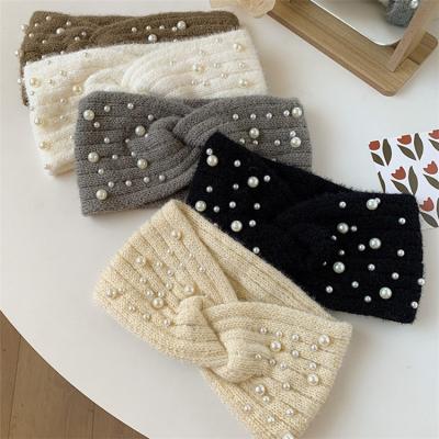 China Fashion Soft Winter Women Bead Double Headband Knitted Solid Black White Warm Headband Wide Headwear For Women Girls for sale