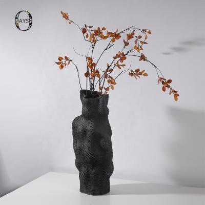 China Minimalist Handmade Black Ceramic Vase Fish Scale Pattern Irregular Shape Unique Accessories For Home Decoration Pieces Home Decor Vase for sale