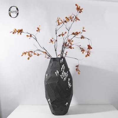 China Large Minimalist Black Handmade Ceramic Vase With White Fungus Shape Decoration For Hallway Luxury Home Decor Rock Vase for sale