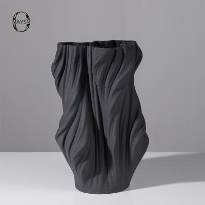 China Minimalist Modern Abstract 3D Print Ceramic Vases Unique Waving Shape Flower Pot Gray Modern Vases For Home Decoration for sale