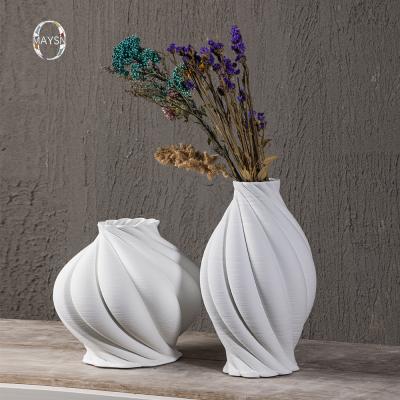 China Minimalist Nordic Decor 3D Printed White Ceramic Home Ware Matte Stripe Spiral Pattern With Vase Lace Mouth For Living Room Modern Vase for sale