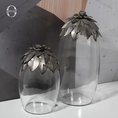 China Modern Minimalist Decorative Mini Greenhouse Plants Vase With Metal Lotus Cover Glass Vases Modern Flower Vase Living Room Decor For Home for sale