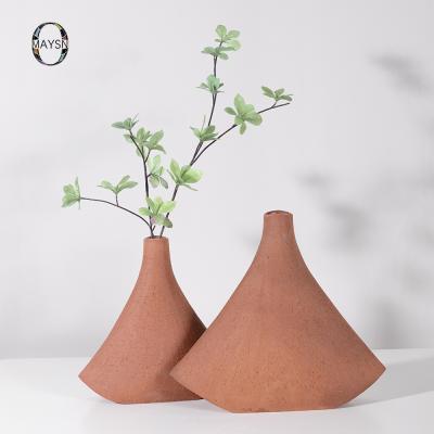 China Minimalist Orange Ceramic Home Decoration Pieces Rough-sand Texture Rough-sand Triangle Shape Decor Vase Clay Color Ornament Vases Desktop Flower for sale