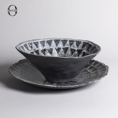 China Minimalist Natural Handmade Black Totems Ceramic Bowl&Plate Ornament Set Tableware Decor Accessories for sale