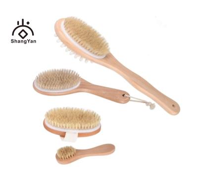 China All Natural Custom Logo Bath Long Handle Dry Skin Body Sweep Natural Boar Hair Spa Sauna Exfoliator Shower Back Scub Brush for sale