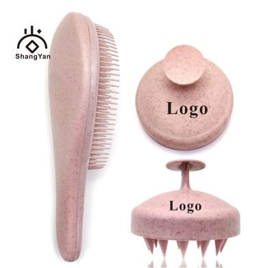 China EXFOLIATE New Amazon Pink Custom Logo Baby Girl Wheat Straw Silica Gel Tangle Shampoo Natural Hair Brush & Comb Set for sale