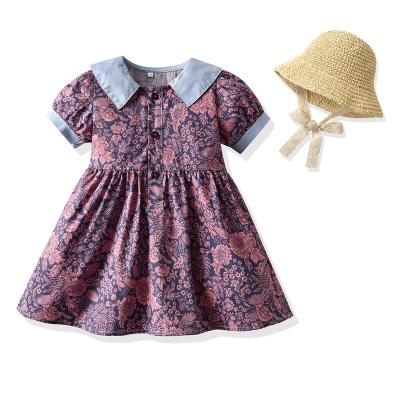 China Anti-Wrinkle Summer Outdoor Floral Print Suits Babies Candy Skirt Suits Dress Anti-Wrinkle Kids Sportswear One-Piece Dress With Hats for sale