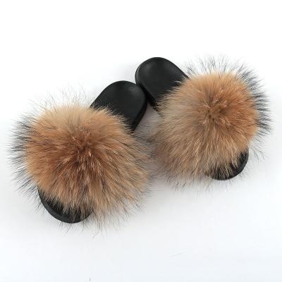 China Hot Selling Waterproof Women Raccoon Fur Slips PVC Slip On EVA Sandals Lady Solid Color Ladies Fur Shoes OEM Ladies Sandal for sale