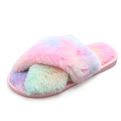 China 2020 Newest Women's Rainbow Faux Fur Slippers Cotton Slippers Winter Multicolor Flat Indoor Women's Plush Waterproof Slides Waterproof for sale