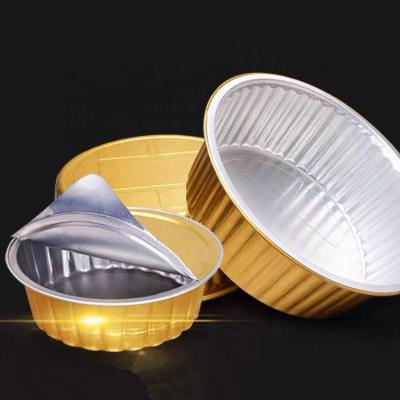 China Eco-friendly Golden BBQ Tin Foil Box Disposable Round Food Grade Aluminum Foil Bowls With Lid Bento Lunch Container Takeout for sale