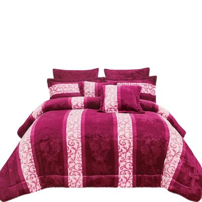 China Eco-friendly 3D Embossed Design Printed Item Fuchsia Flannel Fleece Bedding Comforter Sets Luxury 8pcs For Winter for sale