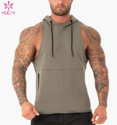 China Custom Breathable Mens Fitness Hoodie Mens Sleeveless Gym Tank Tops With Hat Workout Plain Gym Types Tank Tops for sale