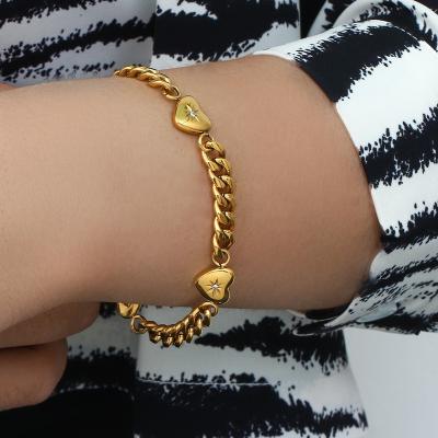 China Waterproof Tarnish Free Stainless Steel PVD Plating Round CZ Stone Paved Cuban Link Heart Charm Chain Bracelets For Women for sale