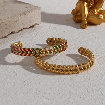 China Vintage Enamel Wheat Grain Woven Open Bangles Jewelry Gold Plated Stainless Steel Jewelry Bangles for sale