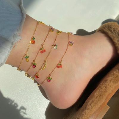 China Cute Korean Fashion Korean 18K Gold Plated Zircon Fruit Charms Anklets For Women Foot Jewelry for sale