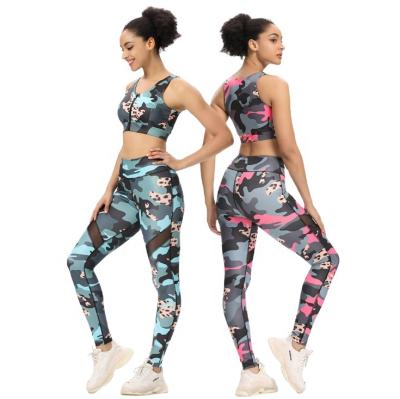 China New Anti-Static Item Women 2 Piece Set Leopard Hot Yoga Prints Front ZipperTops 4 Way Stretch Fitness Fits Mesh Patch Camouflage Designs for sale