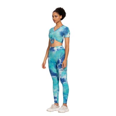 China Anti-Static High Functional Yoga 2 Piece Set Women's Hot Jacquard Tie Dye Women's Fitness Weave Shirts Yoga Pants Multi Color Options for sale