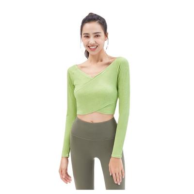 China Breathable Women Fitness Yoga Wear Quick Dry Simple Color Long Sleeve Elegant Smooth Feeling Yoga Tops Gym Shirts OEM Customized Spandex for sale