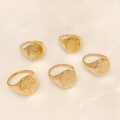 China Vintage Personalized Gold Plated Oval Round Seal Ring Custom Stainless Steel Statement Engraved Birth Flower Ring For Women for sale