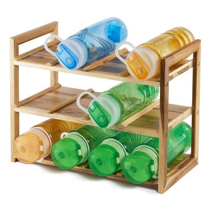 China Sustainable Water Bottle Organizer Natural Wood Water Bottle Storage Rack For Kitchen Countertops 3 Tier Free Standing Water Bottle Rack for sale