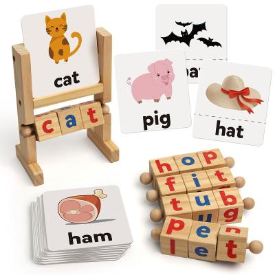 China Eductional Preschool Toys Wooden Reading Blocks Vocalize Short Rods Spelling Games Flash Cards Spinning Letter Puzzle For Kids for sale