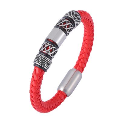 China Vintage Bracelet Stainless Steel Punk Red Genuine Leather Vintage Braided Bracelets Male Lucky Jewelry Friend Gifts SP1163 for sale