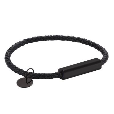 China New Classic Punk Style Mens Womens Leather Bracelet Stainless Steel Simple Black Magnetic Buckle Handwoven Jewelry SP0700 for sale