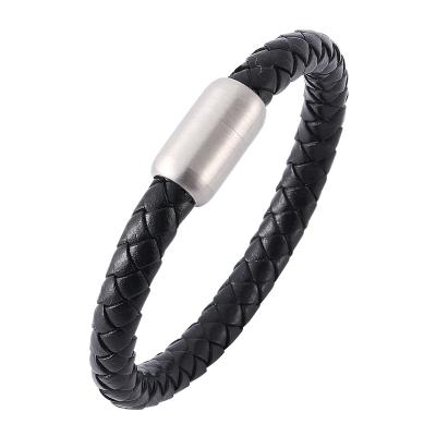 China Stainless Steel Punk Leather Braided Magnetic Clasps Vintage Rope Bangle Bracelet Jewelry Male Wrist Band PW731 for sale