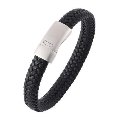 China CLASSIC Black Leather Titanium Stainless Steel Bracelet Mens Braid Bracelets Mens Jewelry Vintage Male Gift for sale