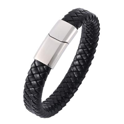 China Vintage Punk Black Braided Leather Bracelet For Fashion Magnetic Bracelets Mens Stainless Steel Clasp Male Wrist Band PW736 for sale