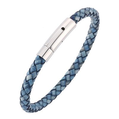 China Jewelry CLASSIC Blue Braided Leather Men Casual Bracelet For Women Stainless Steel Buckle Bangles Trendy Bracelets SP0240 for sale