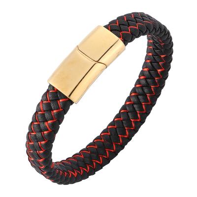 China Punk Men Black Leather Mixed Red Nylon Rope Braided Leather Bracelet Clasp Gold Steel Magnetic Bracelet SP0222 Punk for sale