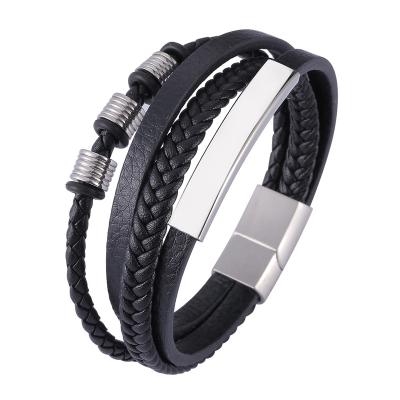 China Punk Custom Name Engraved Black Multilayer Leather Braided Bracelet Bangle For Male Party Trendy Men's Bracelet SP1178 for sale