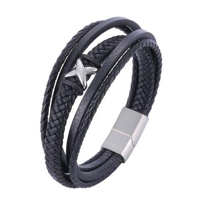 China Wrap punk trendy multilayer braided leather bracelets for men jewelry stainless steel cross punk handmade gift SP1150 for sale