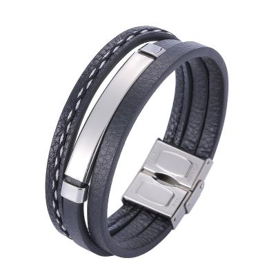 China Trendy Multilayer Leather Bangle Bracelet Men Hand Jewelry Stainless Steel Vintage Bangle Boyfriend Punk Gift SP1153 for sale