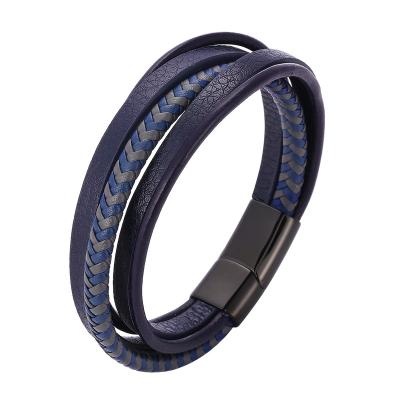 China TRENDY Blue Stainless Steel Multilayer Leather Bracelet For Men Vintage Magnet Clasp Male Braided Bracelets Party Jewelry SP1078 for sale