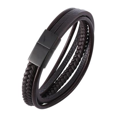 China Vintage Leather Bracelet For Men Multilayer Magnetic Brown Braid Rope Chain Stainless Steel Clasp Man Jewelry Gifts PH506 for sale