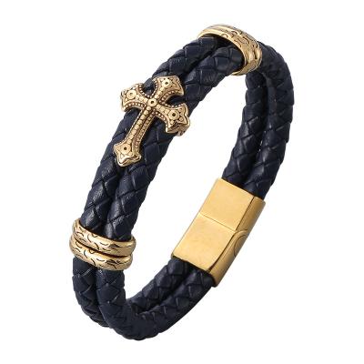 China Vintage Fashion Stainless Steel Charm Men Magnetic Cross Bracelet Blue Genuine Leather Braided Bangles Punk Jewelry SP1028 for sale