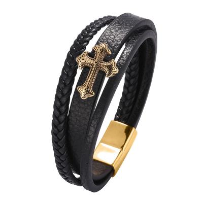 China Fashionable Male Multilayer Leather Bracelet Men Vintage Jewelry Stainless Steel Buckle Charm Gold Cross Magnetic Bracelets SP0675 for sale