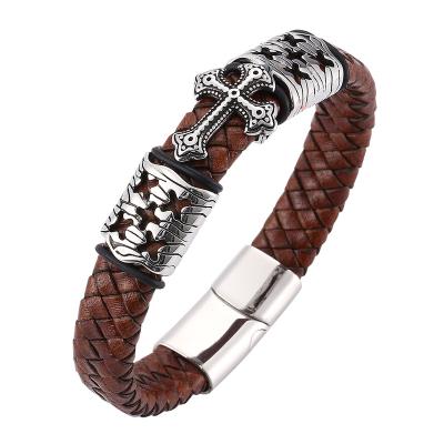 China Vintage Men's Punk Brown Bracelet Braided Leather Cross Bracelet Jewelry Stainless Steel Magnetic Clasp Male Gift SP0081 for sale