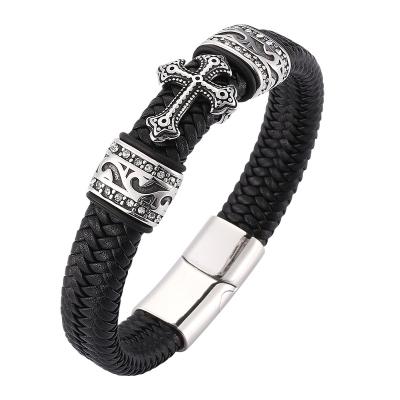 China Vintage Mens Jewelry Bracelet Punk Black Braided Leather Cross Bracelet With Magnetic Zircon Stainless Steel Clasp Male SP0063 for sale