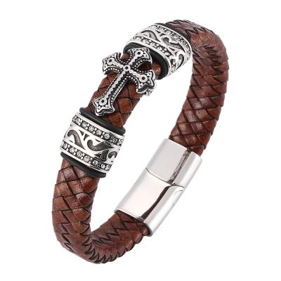 China Punk Vintage Rock Bracelet Jewelry Men Brown Braided Leather Cross Bracelet With Magnetic Zircon Stainless Steel Bracelet SP0083 for sale