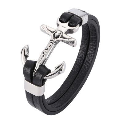 China Vintage Jewelry Cross Bracelet Men Stainless Steel Anchor Charm Bracelet Double Layer Leather Wrap Bracelets For Man PW781 for sale