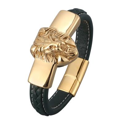 China Male Punk Gift Braided Leather Lion Head Stainless Steel Biker Gold Chain Jewelry SP0818 Punk Mens Bracelets & Bangles for sale