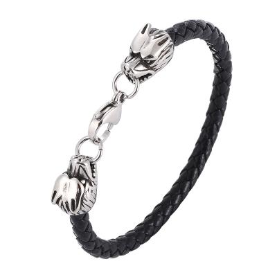 China Double punk Wolf Head Charm Bracelet for Men's Classic Braided Stainless Steel Genuine Leather Bracelets Male Jewelry SP1093 for sale