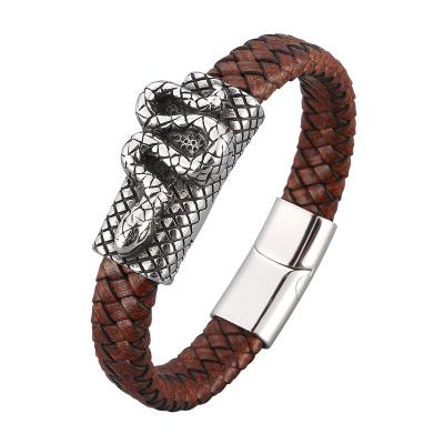 China Punk Men Leather Braided Jewelry Magnetic Buckle Fashion Stainless Steel Snake Design Male Bangle Bracelet SP1030 for sale