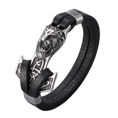 China Black Punk Leather Bracelet Leo Lion Stainless Steel Anchor Shackles Bangles Bracelet Fashion Jewelry Male Gift SP1022 for sale