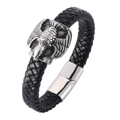 China Vintage Mens Jewelry Vintage Woven Rope Leather Bracelet Eagle Stainless Steel Magnetic Buckle Bracelet Punk PW790 for sale